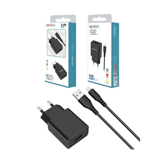 Carregador de Parede PD Modorwy MA1104 5V 2,4A com Lightning cabo Preto Carregador de Parede PD Modorwy MA1104 5V 2,4A com Lightning cabo Preto